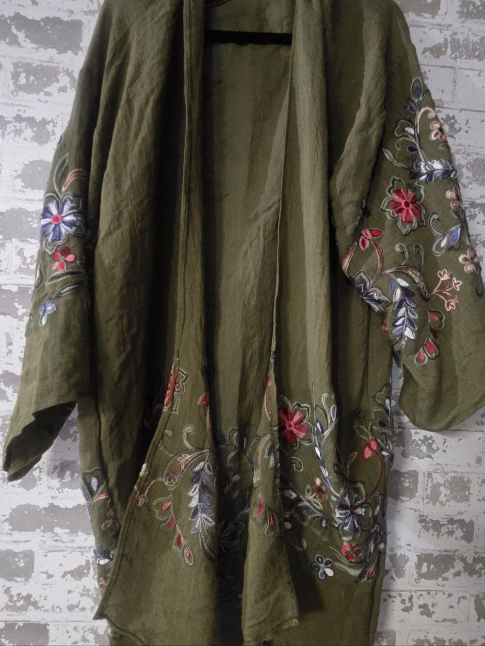 Boutique Floral Embroidered Kimono Jacket Duster Olive Green Boho Festival OS